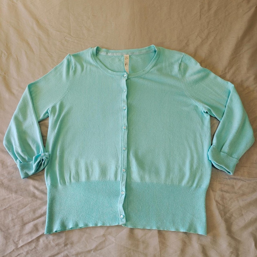 Pina Rossi Mint Green Fine Knit Button-Front Cardigan Sweater Womens XL